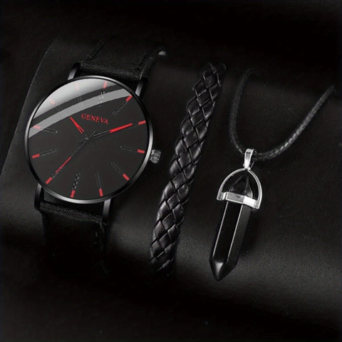 Men Quartz Watch And Braided Leather Bracelet And Hexagonal Stone Pendant Necklace Minimalist Business Fashion Accessories