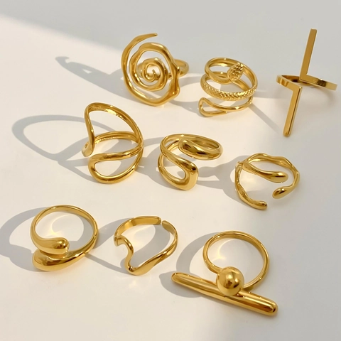 Roestvrijstalen Ring Voor Dames 18K Verguld Onregelmatig Vloeibaar Metaal Minimalistisch Geometrisch Verstelbaar Sieraden