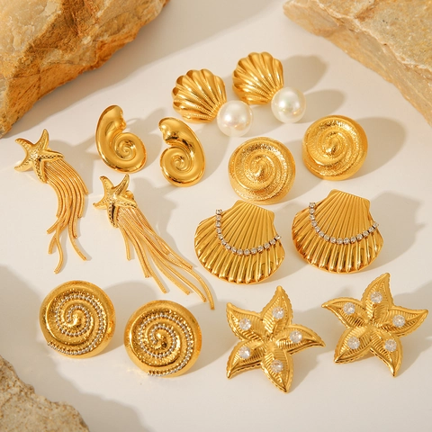 Boucles Oreilles Clous Coquillage Étoile De Mer En Acier Inoxydable Plaqué Or 18K Avec Künstliche Perle Et Strass Pour Femmes