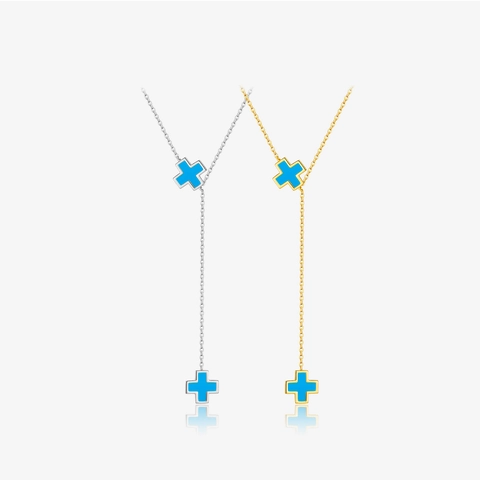 925 Sterling Silver Cross Pendant Necklace For Women Y-Shaped Lariat Necklace Minimalist Geometric Blue Cross Jewelry Gift