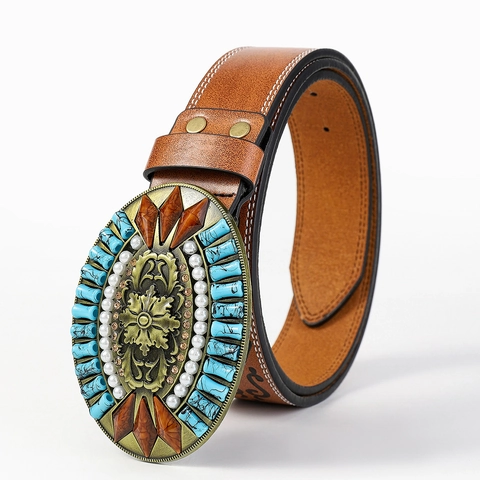Damen Böhmisch Ethno PU Ledergürtel Vintage Western Künstlicher Türkis Eingelegt Legierung Schnalle Geprägte Taille Gürtel