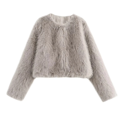 Women Faux Fur Short Cropped Jacket Round Neck Long Sleeve Solid Color Winter Warm Outerwear Elegant Celebrity Style
