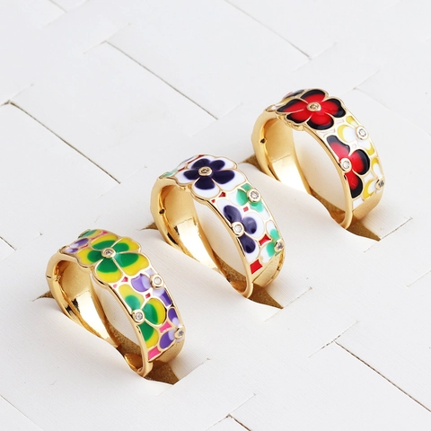 Anillo Esmalte Flor Colorida Cobre Chapado Oro Real Ajustable Banda Abierta Circonita Joyería Moda Mujer