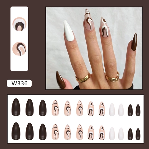 Uñas Postizas Largas Almendradas Press On Diseño Ondas Chocolate Remolino Café Con Leche Marrón Blanco Artificiales Para Mujeres