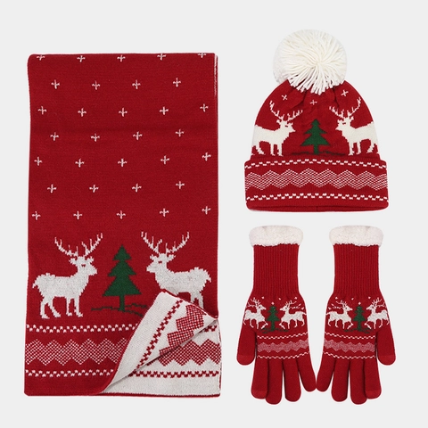 Ensemble Bonnet Écharpe Gants Tricotés de Noël Jacquard Renne Flocon de Neige Hiver Chaud Acrylique 3 Pièces