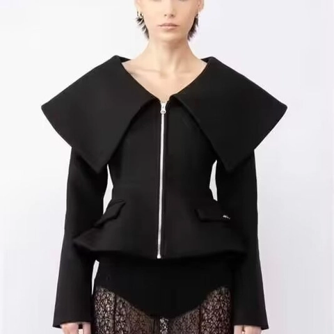 Women Oversized Lapel Jacket Slim Fit Zipper Peplum Hem Woolen Feel Structured Elegant Solid Color Short Coat
