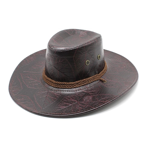 Western Cowboy Hat PU Leather Leaf Embossed Wide Brim Retro Outdoor Sun Protection Hat For Men Women