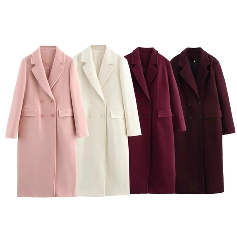 Damen Langer Wollmantel Zweireihig Reverskragen Elegant Einfarbig Herbst Winter Streetwear Lässige Warme Jacke