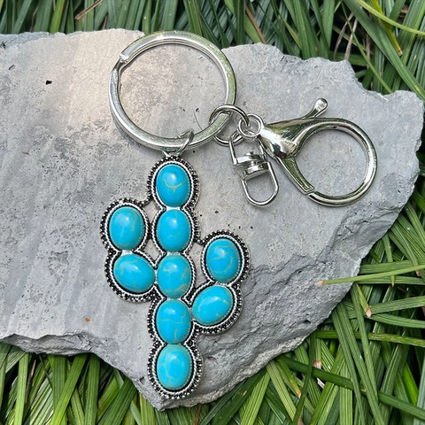 Portachiavi Turchese Lega Pelle Stile Western Boho Ciondolo Borsa Cactus Girasole Argento Vintage