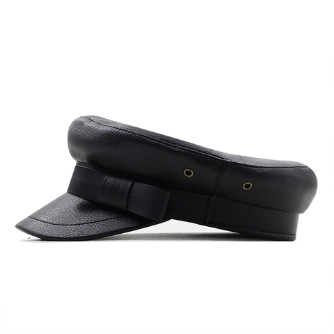Women PU Leather Newsboy Cap Vintage Fiddler Hat With Bowknot And Metal Eyelets Fashion Flat Top Sailor Beret