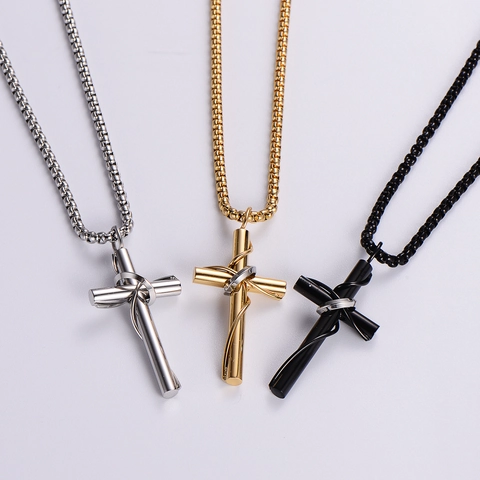 Kruis Hanger Ketting 316L Roestvrij Staal Omwikkeld Knoop Ontwerp Box Ketting Religieuze Mode Sieraden Voor Heren Dames