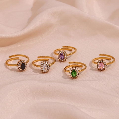 Ovaler Zirkon Halo Ring Edelstahl 18K Vergoldet Verstellbare Öffnung Eleganter Luxusschmuck Für Damen