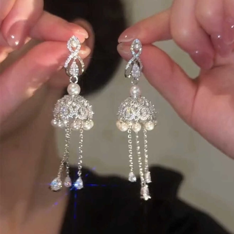 Vintage Hollow Bell Tassel Drop Earrings With Imitation Artificial Pearl Zircon Silver Earring Post Elegant Wedding For Women