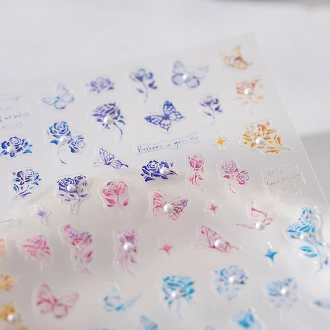 5D Relief Nail Art Stickers Embossed Rose Butterfly Laser Holographic Artificial Pearl Decals DIY Manicure Decorations