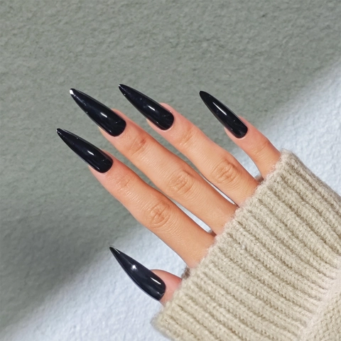 Glossy Black Long Stiletto Press On Nails Pointed Solid Color Artificial False Nail Tips For Women DIY Manicure