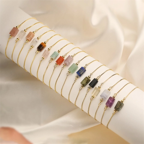 Adjustable Bolo Bracelet Golden Box Chain Natural Stone Rectangular Cylinder Gemstone Simple Fashion Jewelry For Women