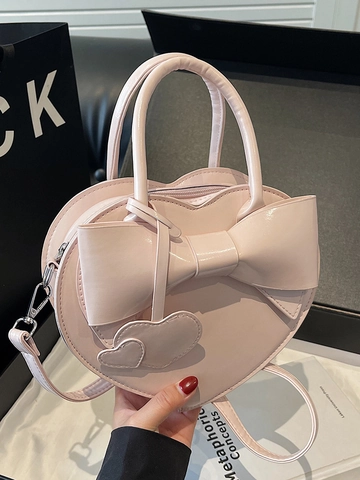 Sac À Main En Forme De Cœur Cuir PU Brillant Nœud Papillon Décor Sac Bandoulière Avec Pendentif Cœur Mode Pour Femmes
