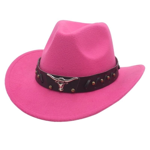 Chapeau De Cowboy Western Pour Enfants En Feutre Avec Tête De Taureau En Métal Rivets Bande En Cuir Style Vintage