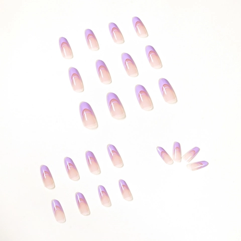 Uñas Postizas Press On Forma Almendra Lavanda Púrpura Doble Francés Simple Brillante Para Mujeres