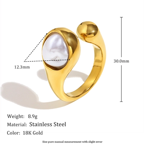 Snake Head Open Ring Stainless Steel 18K Gold Plated Imitation Artificial Pearl Adjustable Vintage French Style Jewelry For Women