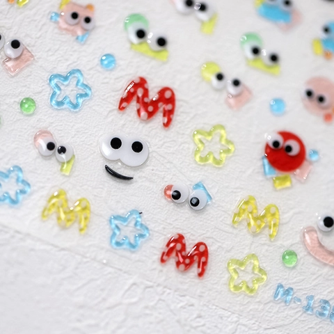 3D Embossed Cartoon Nail Art Stickers Colorful Eye Star Letter Pattern DIY Manicure Decals Self Adhesive