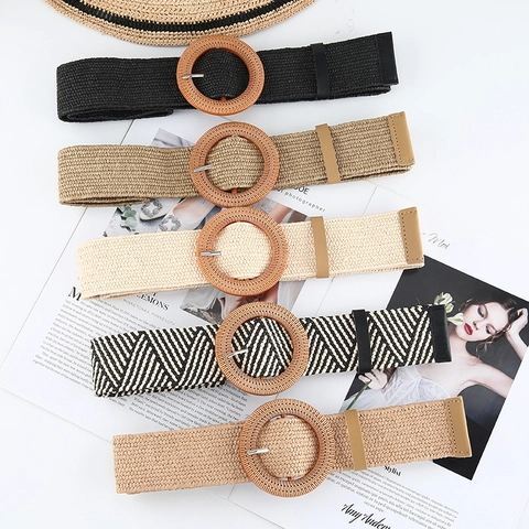 Women Woven Straw Belt Bohemian Elastic Waist Strap With Round Square Resin Wood Texture Buckle Vacation Dress Accessory
