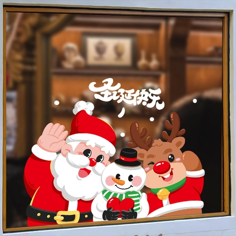 Christmas Window Stickers Static Cling PVC Cartoon Santa Claus Snowman Reindeer Double Sided Reusable Glass Decals Festive Decor