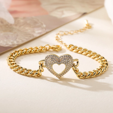 Heart Pendant Bracelet 18K Gold Plated Copper Zircon Cuban Link Chain Fashion Jewelry For Women