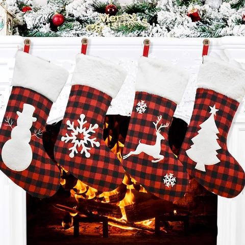Christmas Stockings Buffalo Plaid Red Black Check White Faux Fur Cuff Snowman Reindeer Snowflake Tree Hanging Gift Bag