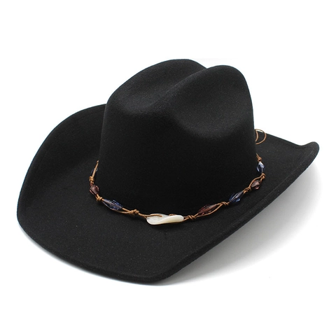Chapeau De Cowboy Occidental Feutre De Laine Large Bord Relevé Bande Perlée Décorative Style Ethnique Vintage Jazz Fedora
