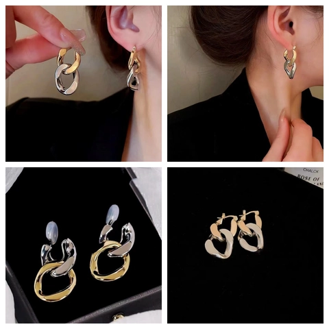 Chain Linked Earrings Alloy With 925 Sterling Silver Earring Post Two-Tone Geometric Minimalist Jewelry For Women