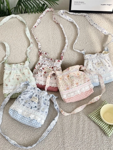 Borsa A Tracolla Per Telefono Stile Giapponese Poliestere Tela Pizzo Cuore Coulisse Cartone Animato Floreale Gingham Kawaii