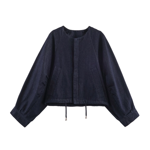 Women Denim Bomber Jacket And High Waist Wide Leg Trousers Casual Streetwear Solid Color Dark Blue Cotton Blend