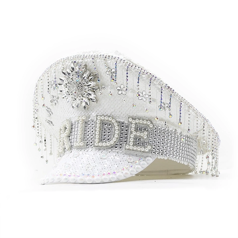 Cappello Da Capitano Sposa Strass Perla Artificial Paillettes Nappa Cappello Militare Per Matrimonio Addio Al Nubilato Lusso Bianco