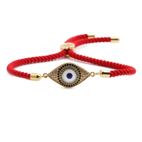 Turkish Evil Eye Adjustable Bracelet Copper Cubic Zirconia Pave Charm Handmade Braided Rope String Jewelry Women