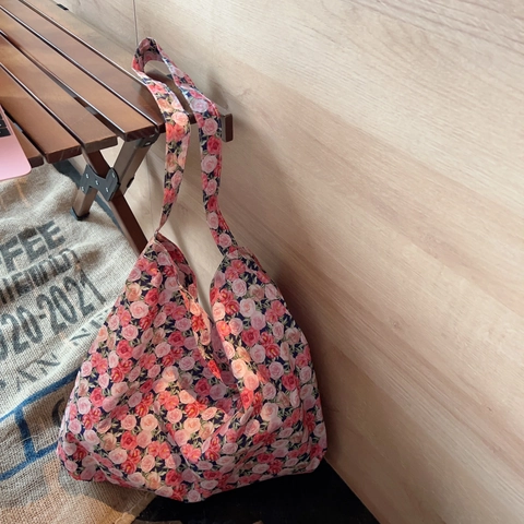 Vintage Rose Floral Print Cotton Canvas Tote Bag Large Capacity Retro Shoulder Handbag For Women Daily Casual Travel