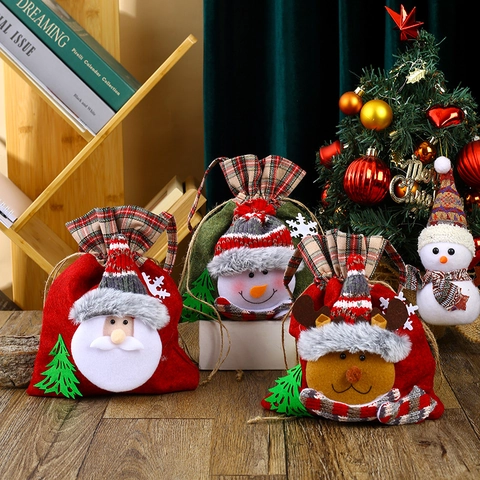 Christmas Gift Bag Felt Fabric Drawstring Candy Pouch Cartoon Santa Snowman Reindeer Holiday Party Decor