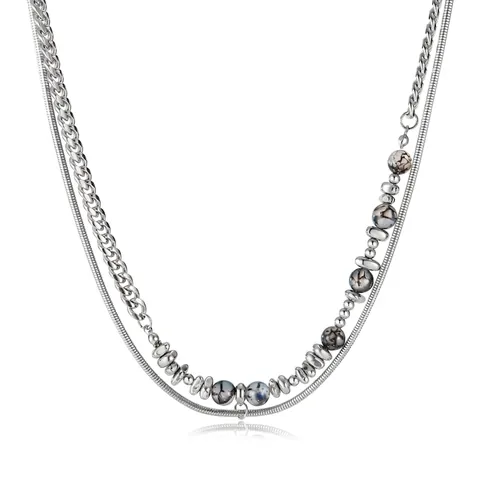 Collana Doppio Strato Da Uomo In Acciaio Inossidabile Con Perle In Pietra Naturale E Ematite Catena Cubana Stile Punk