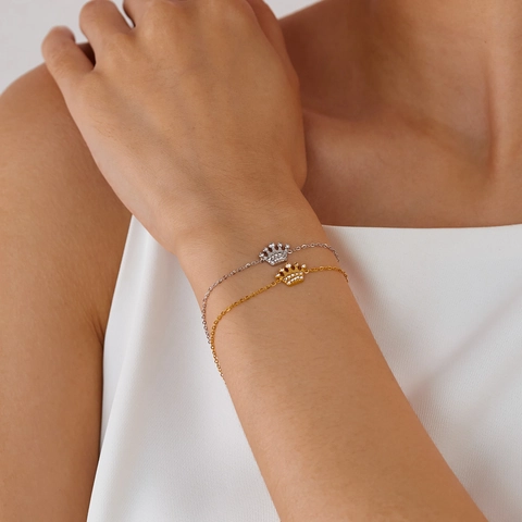 Bracciale con Ciondolo a Corona in Acciaio Inossidabile per Donna Stile Francese Strass Intarsiato Catena Regolabile Gioielli