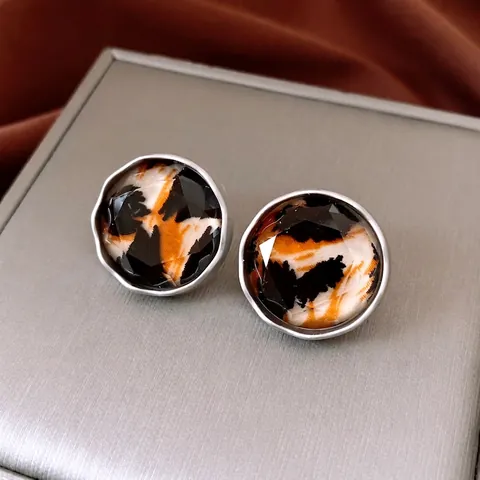 Vintage Round Leopard Print Stud Earrings With Faceted Acrylic And 925 Sterling Silver Earring Post For Women