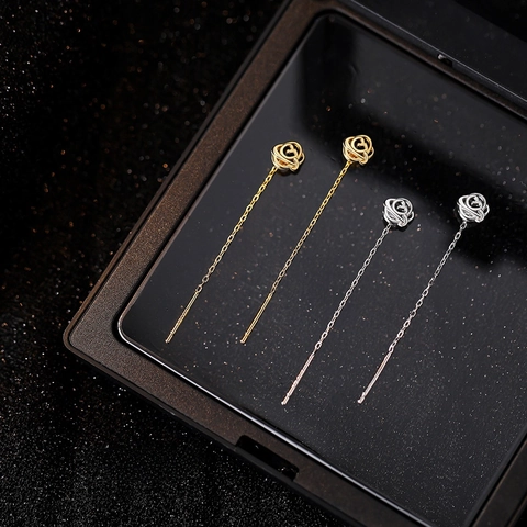 Σκουλαρίκια Rose Flower Threader S999 Fine Silver Μακριά Φούντα Γαλλικά Ρετρό Κομψά Κοσμήματα Για Γυναίκες