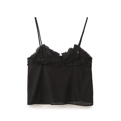 Floral Embroidery Camisole Cotton Blend Ruffle Trim Button Up Sexy Crop Top Slim Fit For Women Casual Streetwear