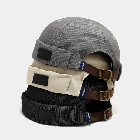 Berretto Docker Senza Tesa Cotone Retro Skull Cap Cinturino Pelle Regolabile Hip Hop Miki Hat Per Uomo Donna