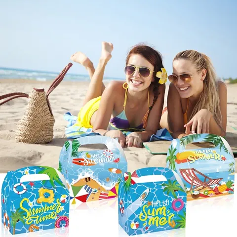 Summer Beach Theme Favor Boxes Paper Handheld Candy Gift Gable Box Tropical Palm Tree Surfboard Pattern Party Supplies