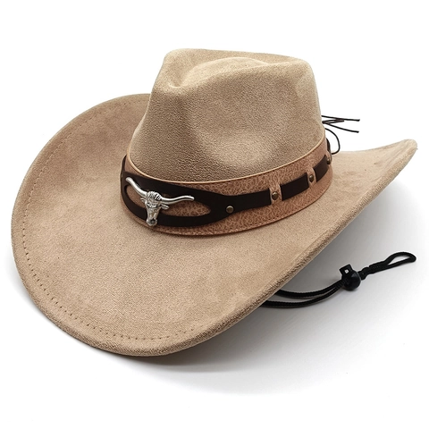 Chapeau De Cow-Boy Western Imitation Daim Large Bord Décoration Métal Tête De Taureau Cordon Coupe-Vent Réglable Style Punk Vintage Unisexe