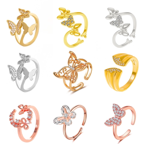 Butterfly Open Ring Copper Cubic Zirconia Inlaid Adjustable Elegant Fashion Jewelry For Women