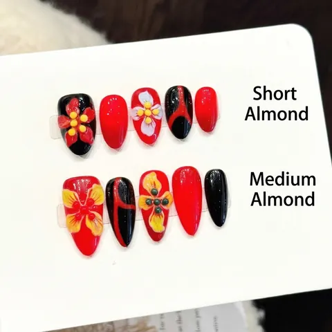 Handmade Press On Nails Red Black 3D Relief Floral Vintage Almond Shape Fake Nails For Women Manicure