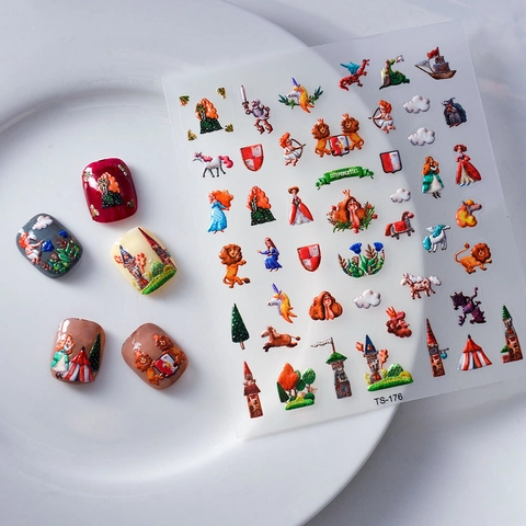 Pegatinas Uñas Relieve 5D Cuento Hadas Princesa Castillo Dragón 3D Grabado Autoadhesivo Decoración Manicura Para Mujeres