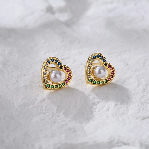 Heart Stud Earrings 18K Gold Plated Copper Multicolor Cubic Zirconia Artificial Pearl Elegant Niche Jewelry For Women