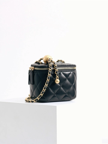Mini Borsa A Tracolla Vera Pelle Pecora Motivo Trapuntato Catena Sfera Dorata Beauty Case Scatola Quadrata Per Donne